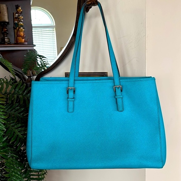 Michael Kors Saffiano Leather Jet Set Large Tote Turquoise Blue Shoulder Bag - Picture 8 of 16